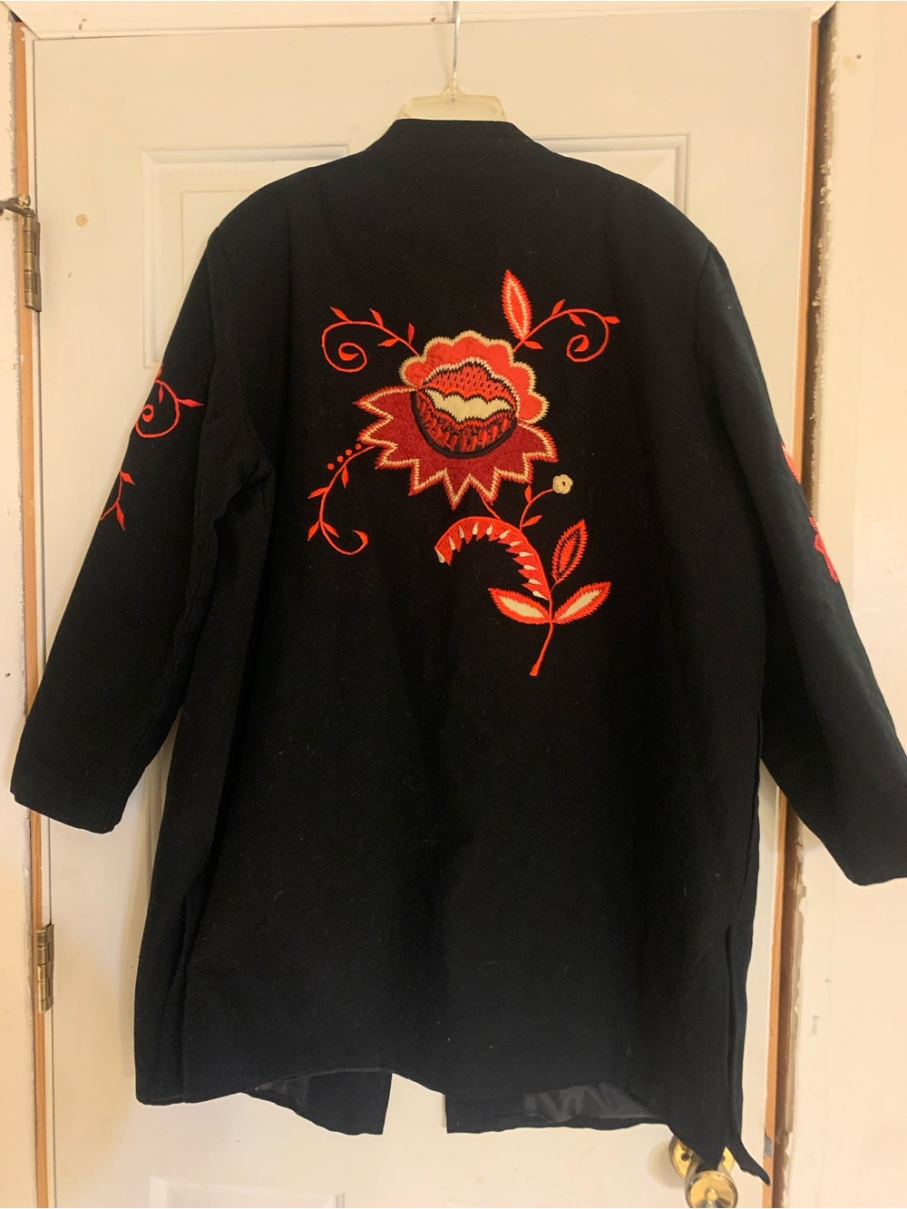 Indigo Black Trench Coat with Red & Orange Floral Embroidery - Picture 2 of 6